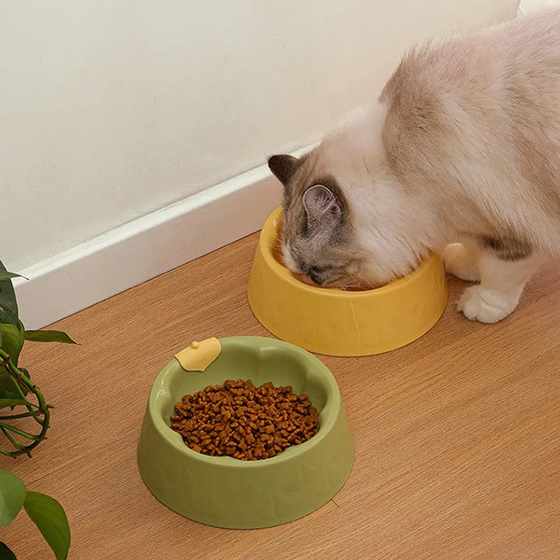 Green plastic double pet bowl with two compartments for food and water on a flat surface.