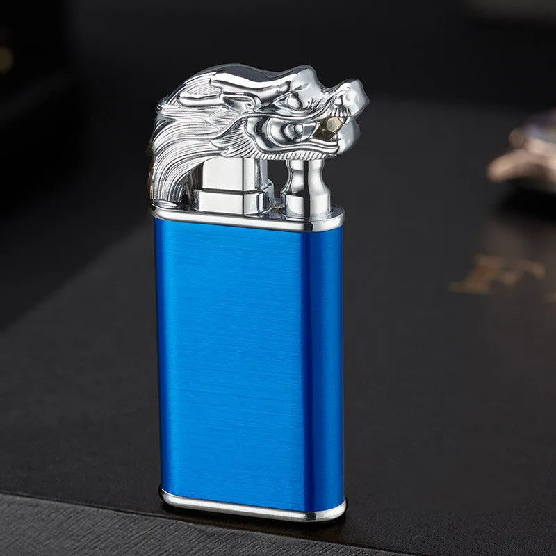 Metal dragon dolphin design double flame windproof lighter with blue jet fire