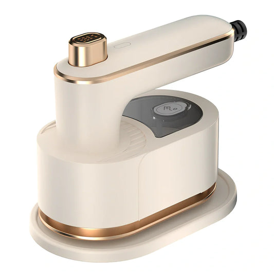 Green folding handheld garment steamer showing extended and collapsed positions with water tank visible