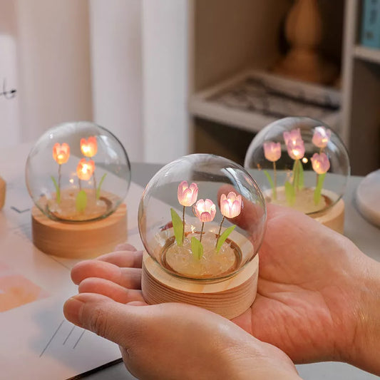 Handmade DIY tulip LED night light with adjustable flowers on wooden base