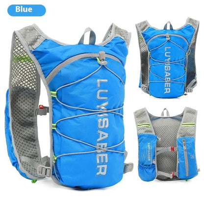 Nylon running backpack with reflective strips shown in multiple colour options.