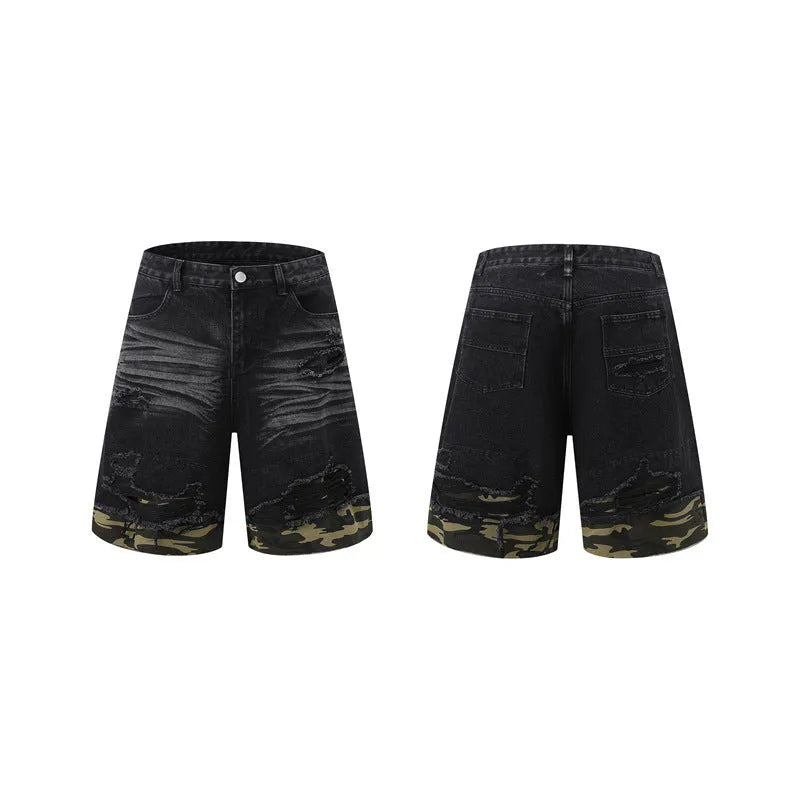 Men's black denim short sleeve suit with leopard print and cut edge stitching, paired with matching shorts.