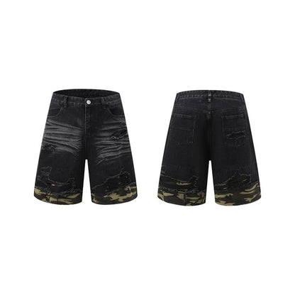Men's black denim short sleeve suit with leopard print and cut edge stitching, paired with matching shorts.
