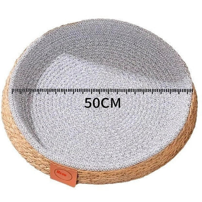 Woven rattan cat nest showing open construction for airflow, available in multiple sizes