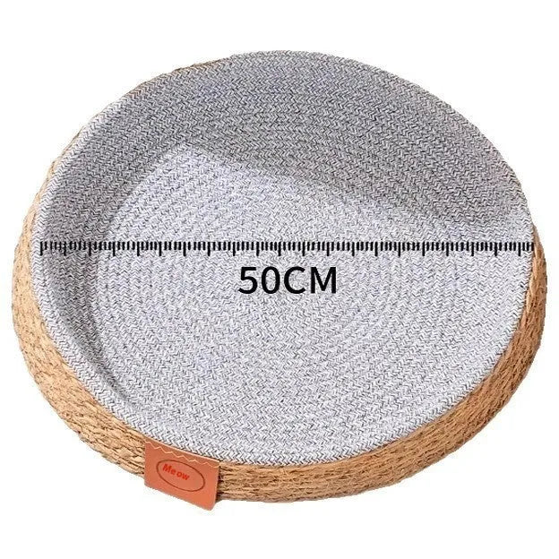Natural rattan woven cat nest bed, available in four sizes, shown as a breathable basket-style pet bed.