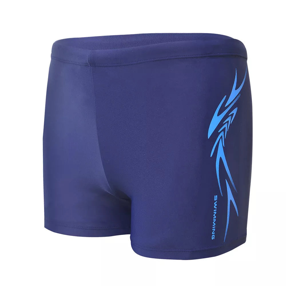 Men's boxer swimming trunks in dark blue and black, featuring quick-dry lining and stretch fabric