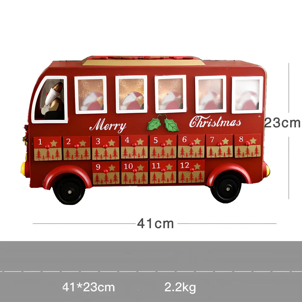 Wooden Christmas advent calendar with 24 numbered compartments in red and green colours measuring 37x32cm