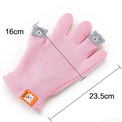 Silicone pet hair removal brush and grooming glove for cats and dogs in Pink, Grey, or Green.