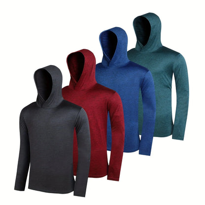 Set of four grey men's lightweight polyester hoodies folded, showing hooded and non-hooded styles.