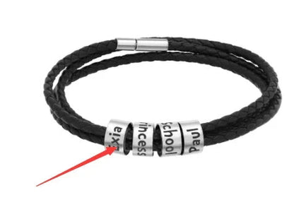 Personalized men's braided leather bracelet with stainless steel beads and custom name charm