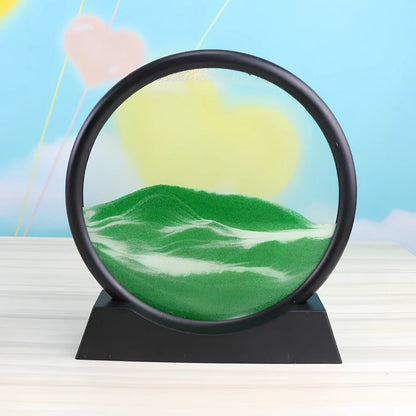 7-inch 3D quicksand painting ornament in blue with 18cm dynamic sand flow inside polished glass frame, 19cm tall