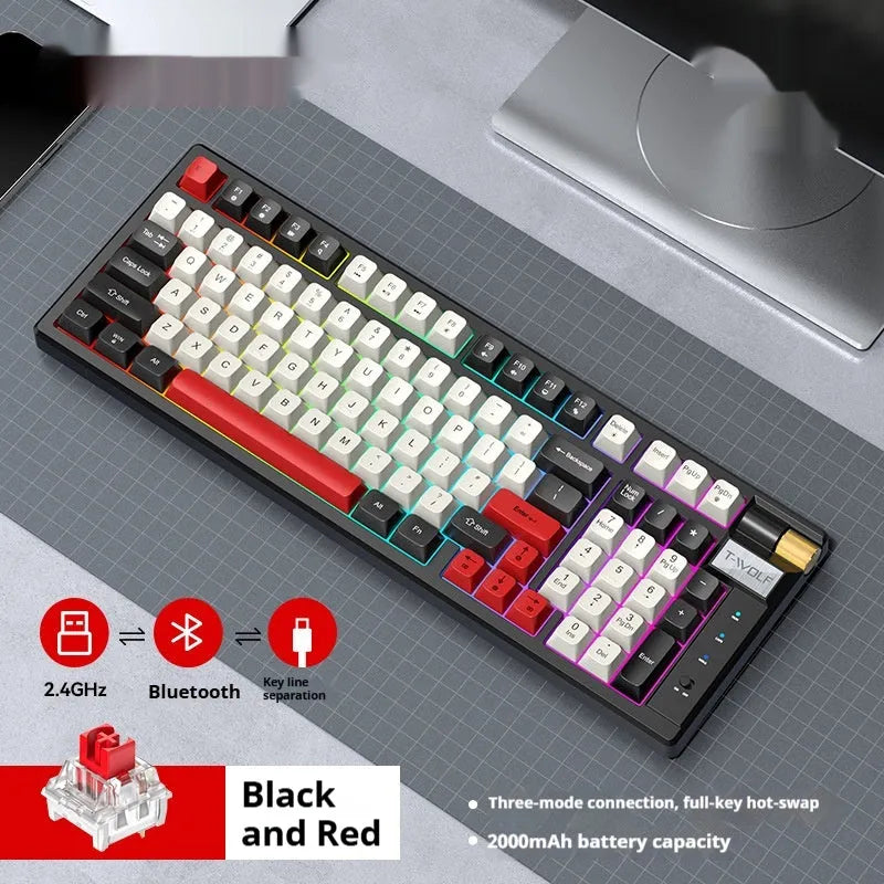 Bluetooth mechanical gaming keyboard with charging cable in blue and orange colour scheme
