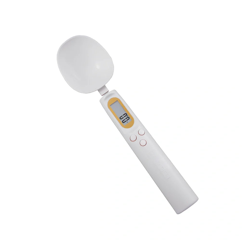 Digital kitchen spoon scale showing measurement display and USB charging port