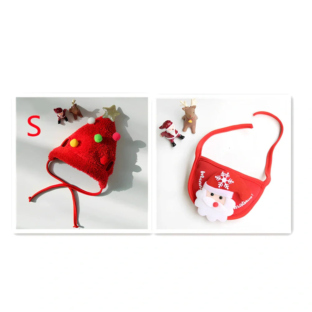 Christmas pet hat and saliva towel set with deer design for dogs and cats up to 15kg