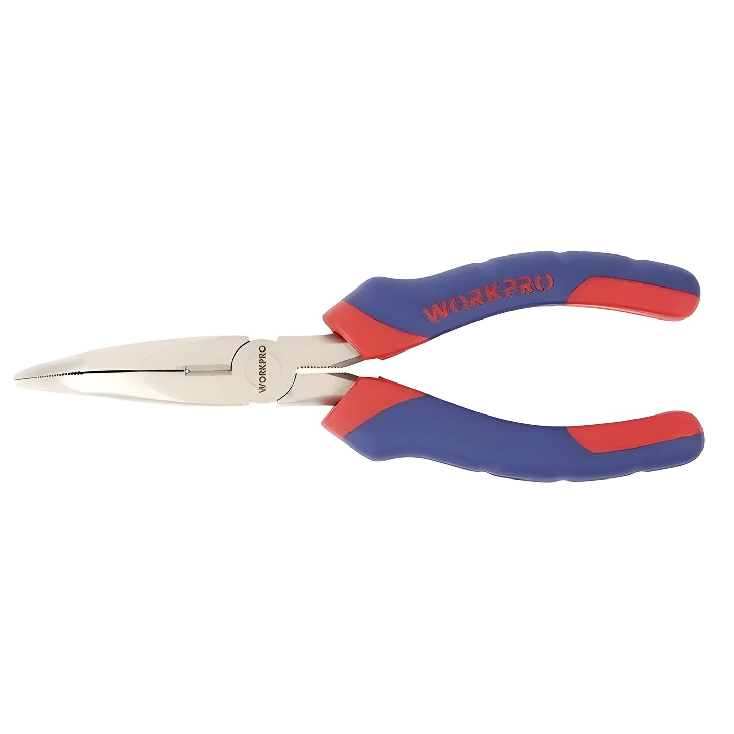 Blue curved nose pliers with dual-colour sleeve handles for precision work.