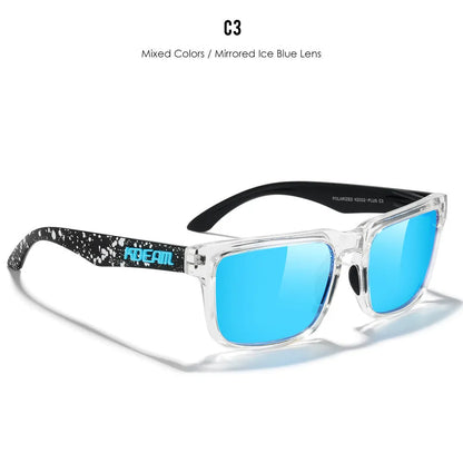Square polarised sunglasses with TAC lenses and a PC frame, shown in one of 12 available colour options.