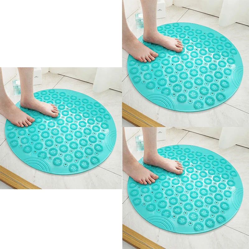 Textured round shower mat with anti-slip surface, massage nodules, and drainage holes for a comfortable and safe bathing experience