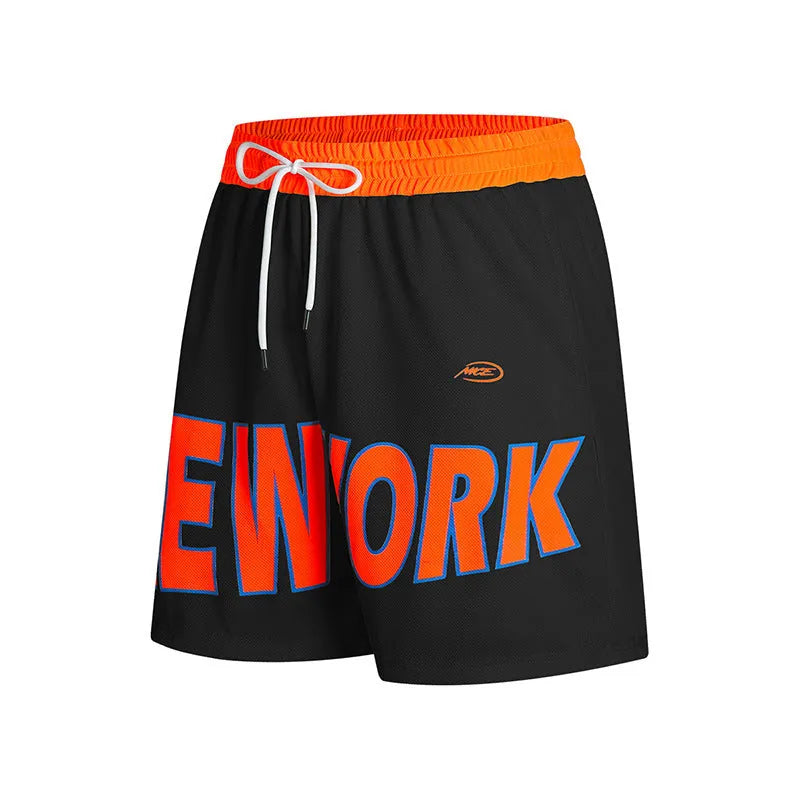 Men's black casual shorts with printed lettering, Korean style straight cut design
