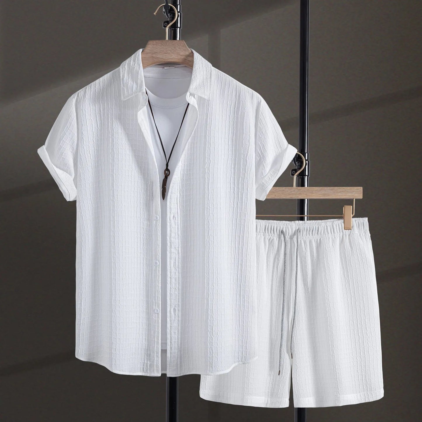 Men's black jacquard cotton blend short sleeve shirt and matching shorts casual suit set