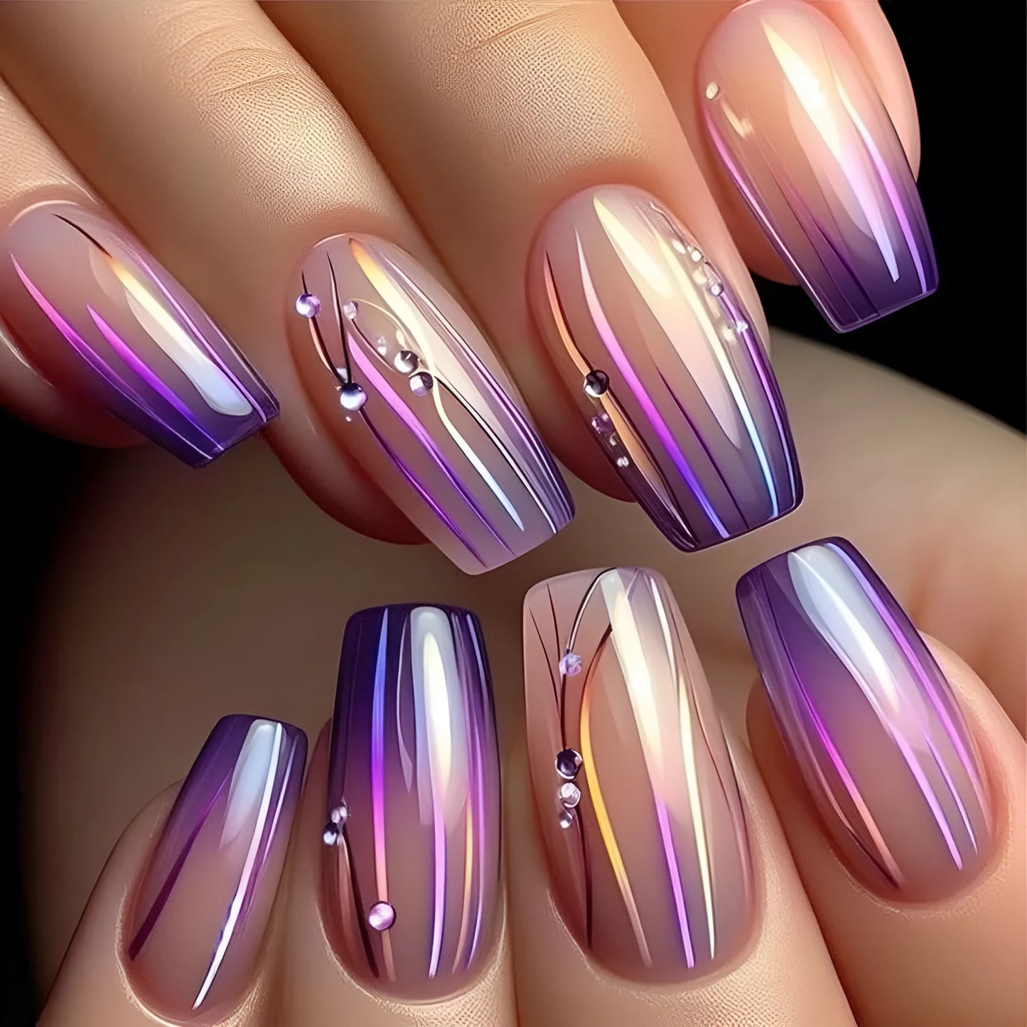 Magic purple gradient nail stickers with starry sky pattern, short ballet length, 24-piece set with jelly glue