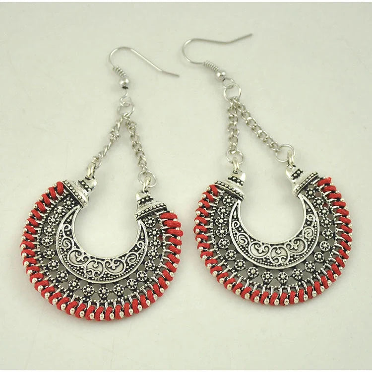 Bohemian Vintage Hand-Woven Rope Earrings with hollow-carved meniscus flower basket design
