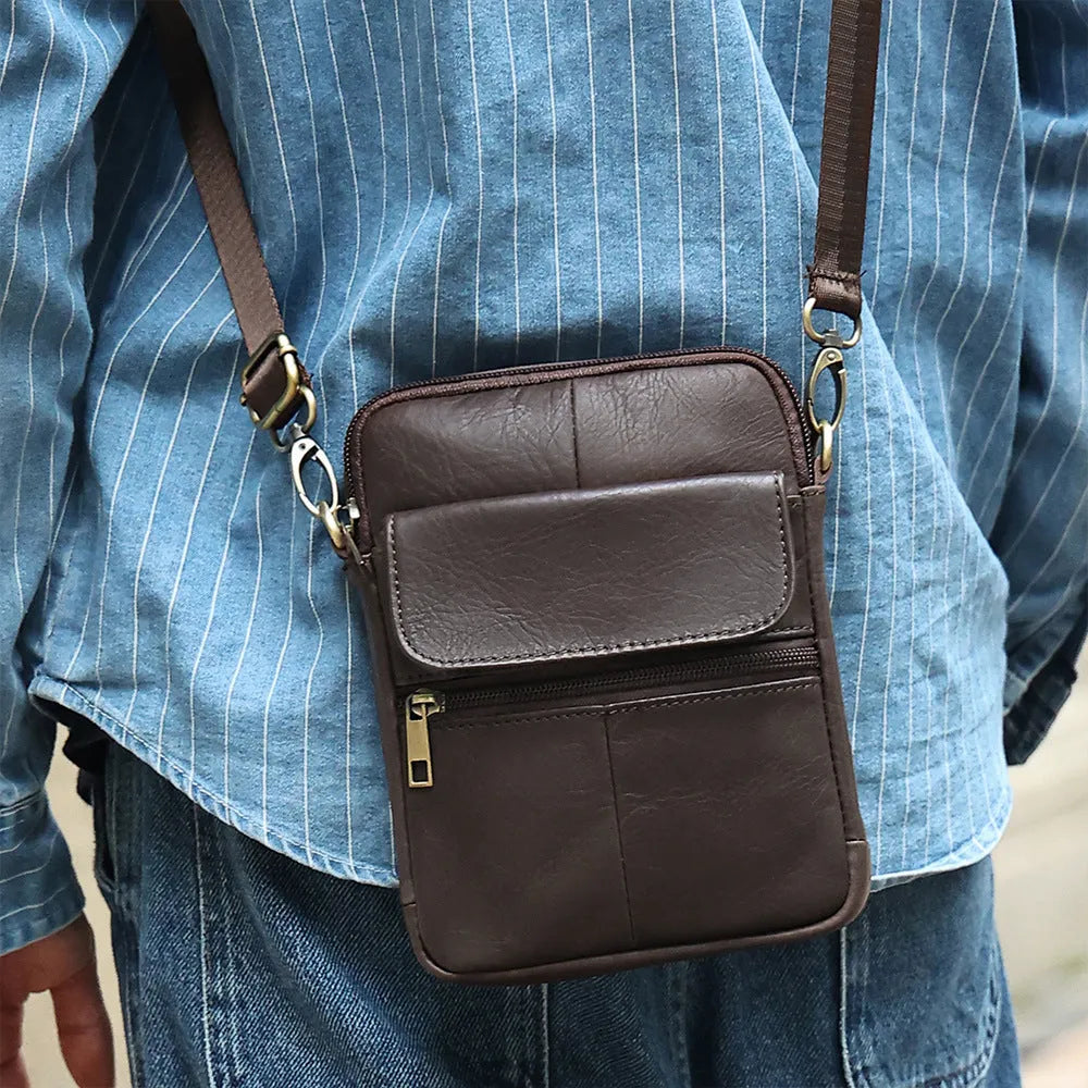 Men's brown leather crossbody shoulder bag with visible stitching and polyester cotton lining