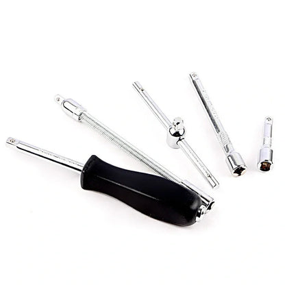 46 piece socket set with red storage box containing chrome vanadium steel sockets and extensions