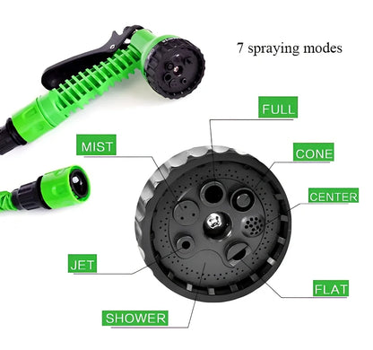 Blue telescopic water hose with high-pressure gun, expanded for use in garden watering