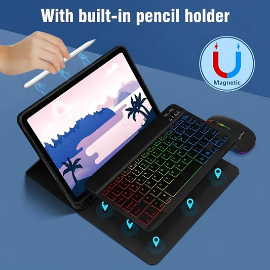 iPad in a black TPU leather case with a built-in luminous RGB backlit Bluetooth keyboard and a stand open.