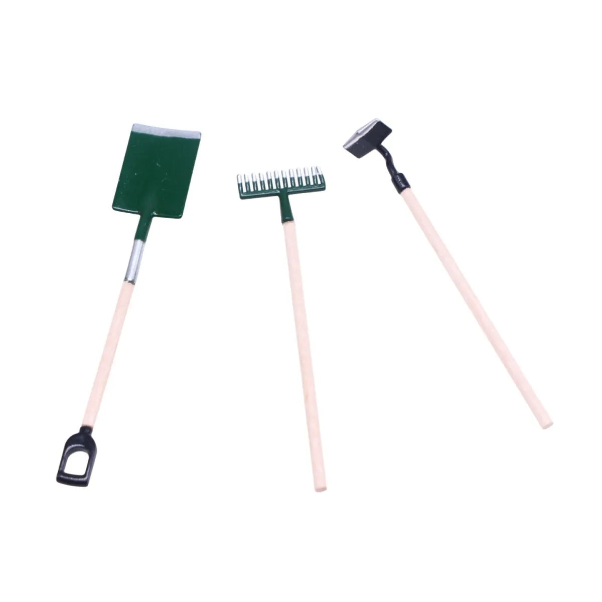 Miniature alloy gardening tools set for dollhouse elf garden scene, 3-piece accessory kit