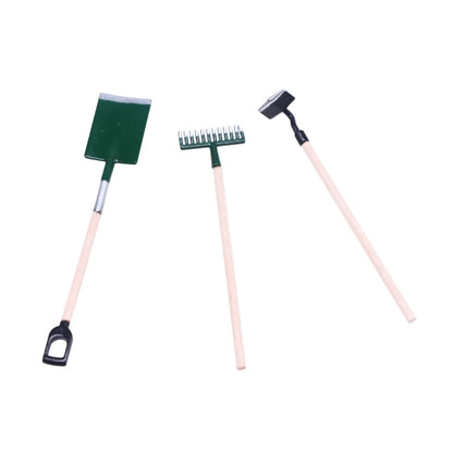 Miniature alloy gardening tools set for dollhouse elf garden scene, 3-piece accessory kit