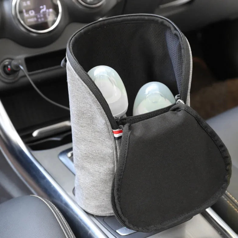 Car USB baby bottle warmer portable travel breast milk warmer with electronic temperature display, 23x8x20cm insulated Oxford cloth bag, 12v vehicle charging, heats two bottles simultaneously, maintains 40-45°C, suitable for stroller hanging