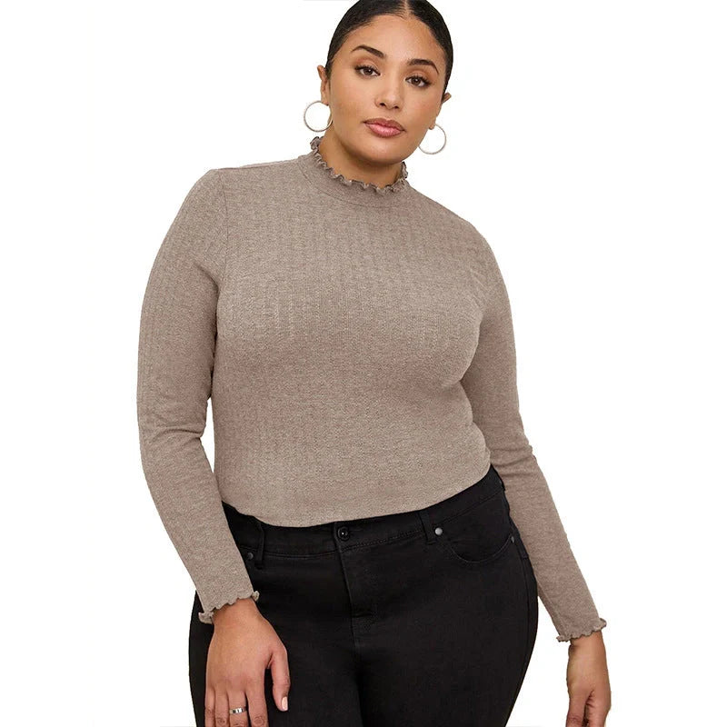 Women's half-high collar long sleeves t-shirt in rib sunken stripe fabric, available in multiple colors