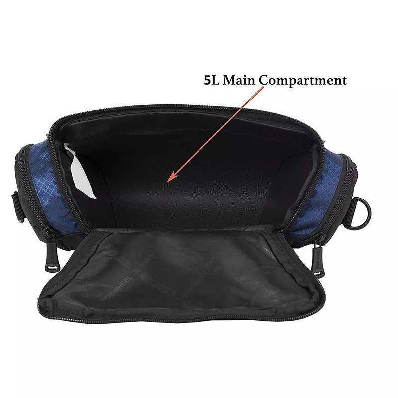 Mountain bike handlebar bag in navy blue and silver gray, durable canvas construction