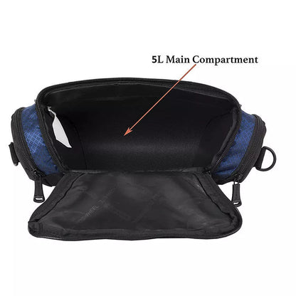Mountain bike handlebar bag in navy blue and silver gray, durable canvas construction