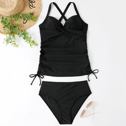 Women's high-waist swimwear bikini set with backless design in solid colours