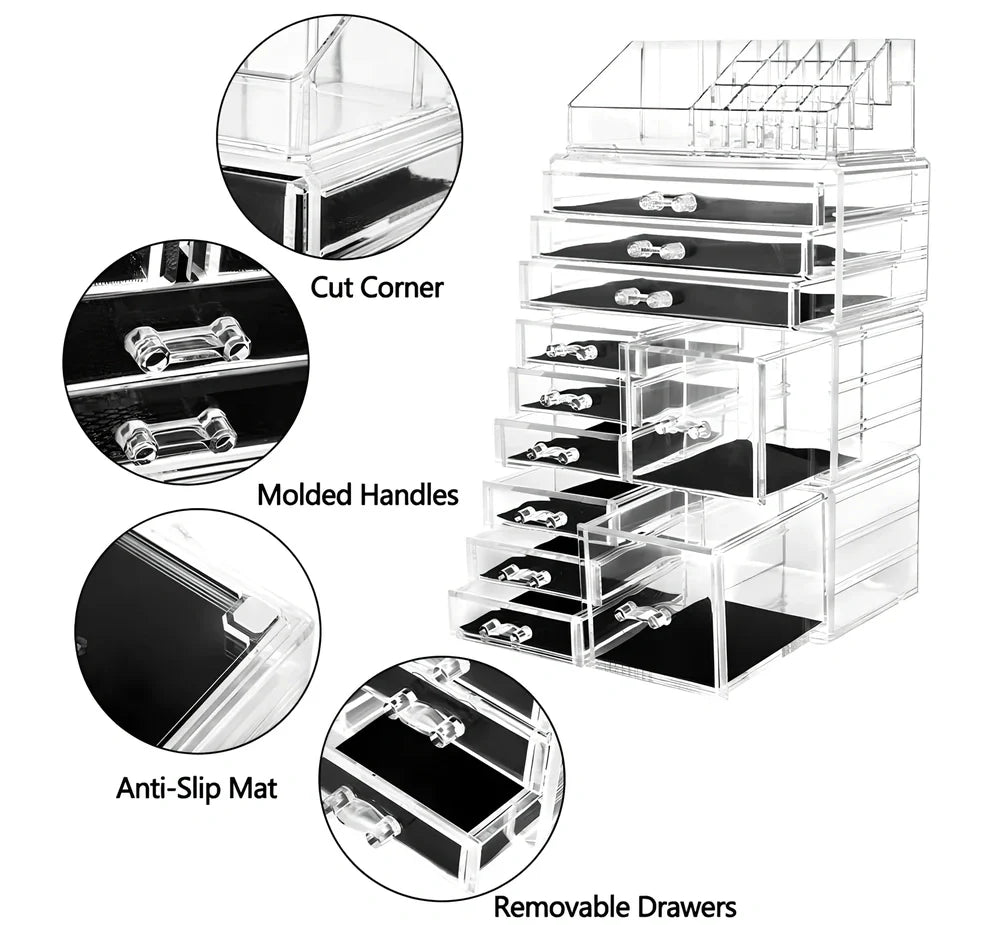 Three-layer transparent acrylic storage box for cosmetics with stackable design measuring 25cm wide