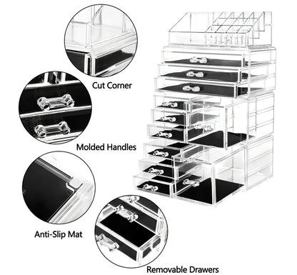 Three-layer transparent acrylic storage box for cosmetics with stackable design measuring 25cm wide