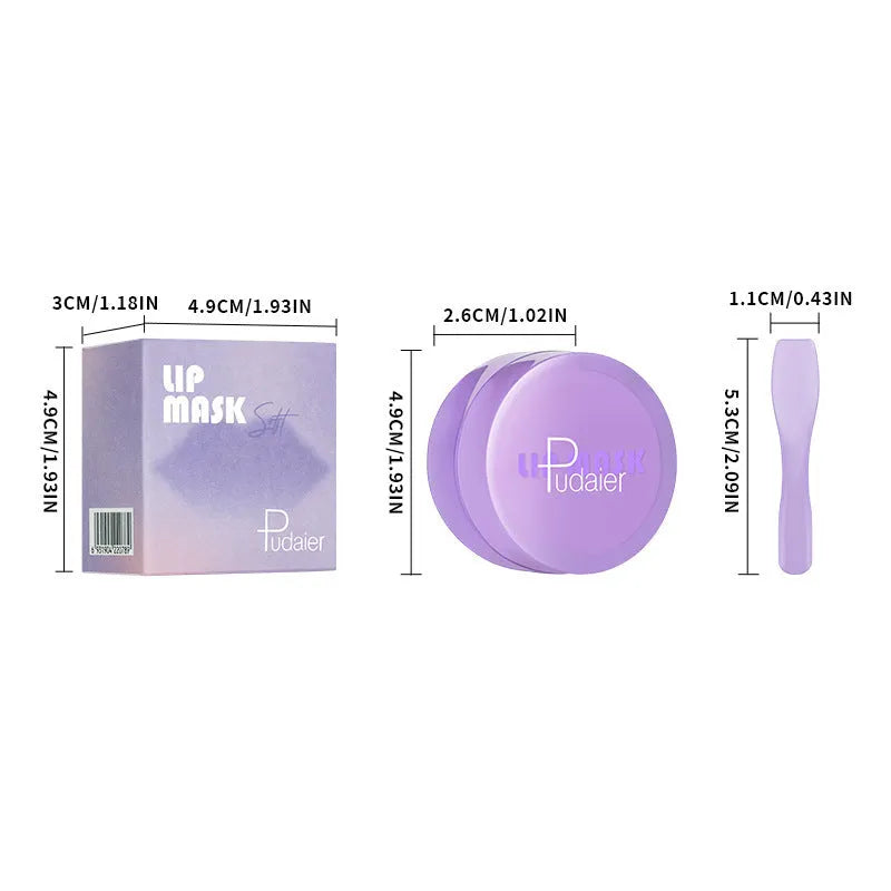 Box containing a 10ml lip exfoliating mask film and a plastic scraper tool for lip care.