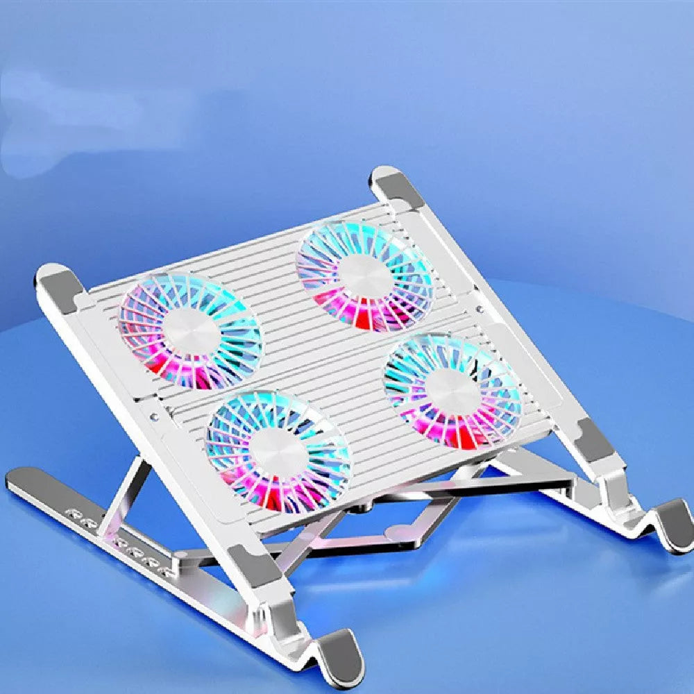 Folding laptop stand with silent cooling fan in black and white