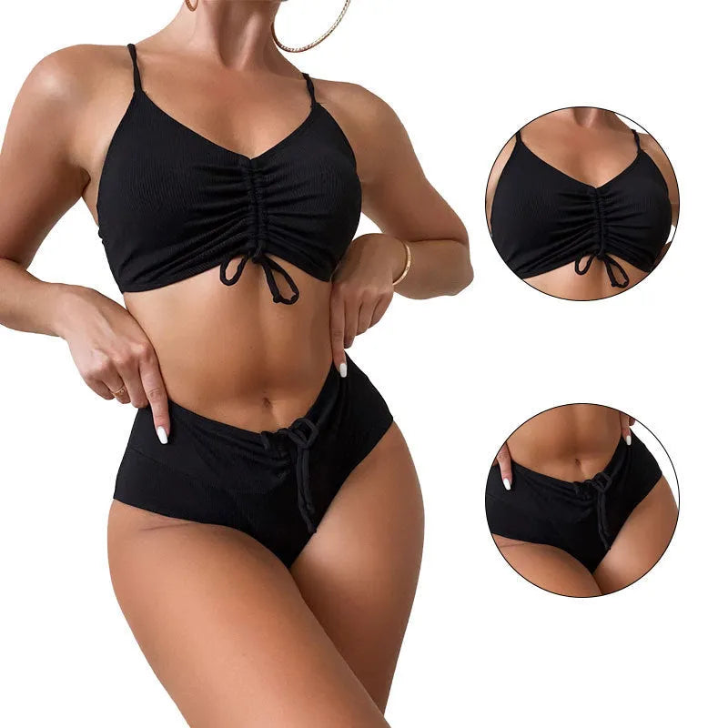 Black women's bikini with high waist and sling split design, shown as a two-piece set.