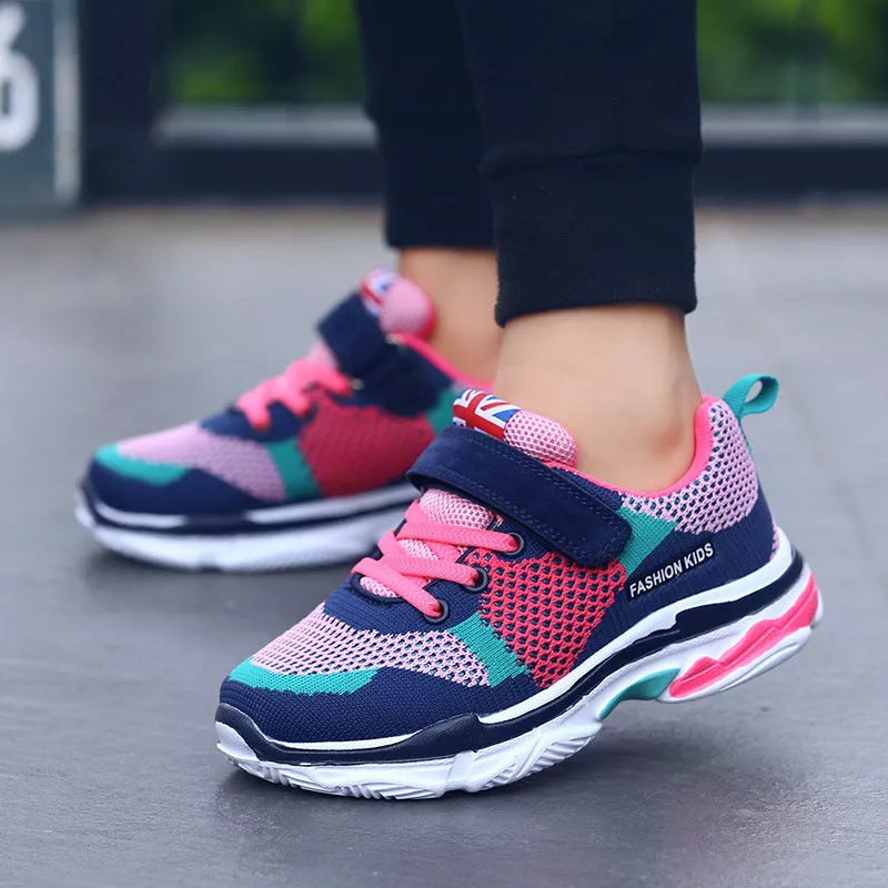 Kids' breathable mesh running shoes in pink, grey orange, and royal blue grey