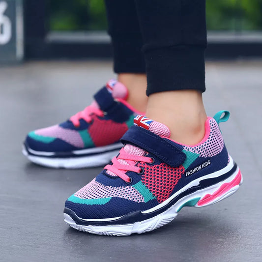 Kids' breathable mesh running shoes in pink, grey orange, and royal blue grey