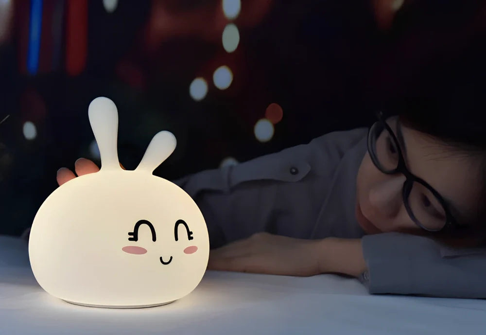 Marshmallow Bunny LED night light with shy and happy face expressions, 126x126x147mm dimensions