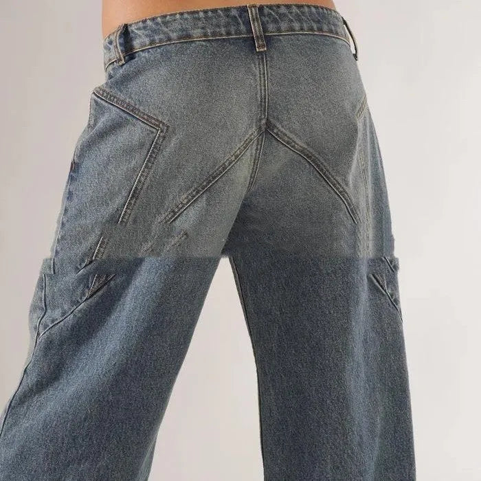 Women's blue cotton loose straight wide leg mop trousers with low waist