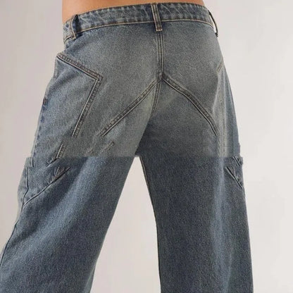 Women's blue cotton loose straight wide leg mop trousers with low waist