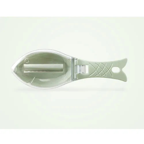 Fish scaler with fish-shaped handle and integrated scale cover for kitchen fish preparation