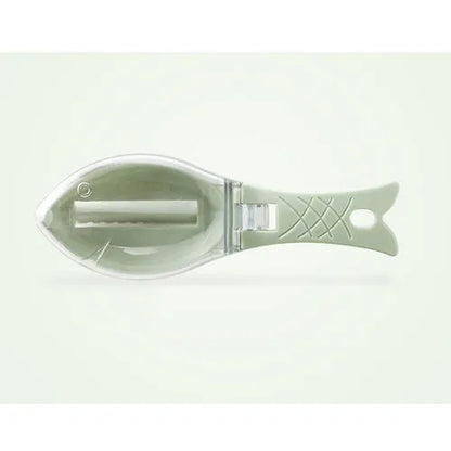 Fish scaler with fish-shaped handle and integrated scale cover for kitchen fish preparation