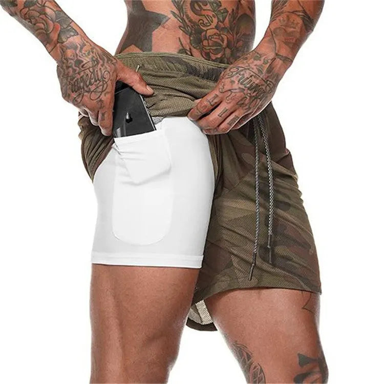 Pocket compression shorts in nylon, moisture-wicking and quick-drying, available in multiple colours and sizes S to 3XL.
