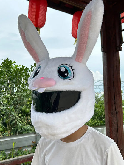 White plush rabbit head decorative cover for an electric motorcycle helmet.